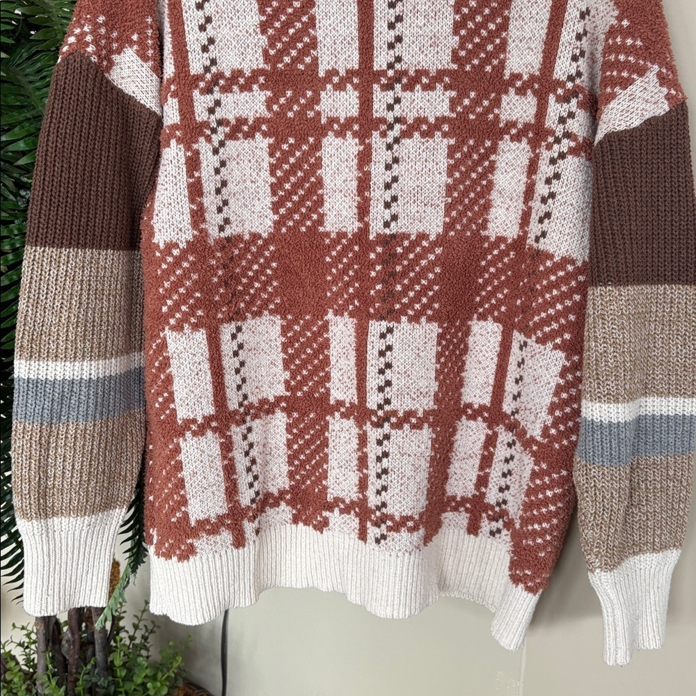 Love Riche Cozy Chic Mixed Knitted Rust Oversized Cardigan Button Down Plaid - Picture 10 of 12